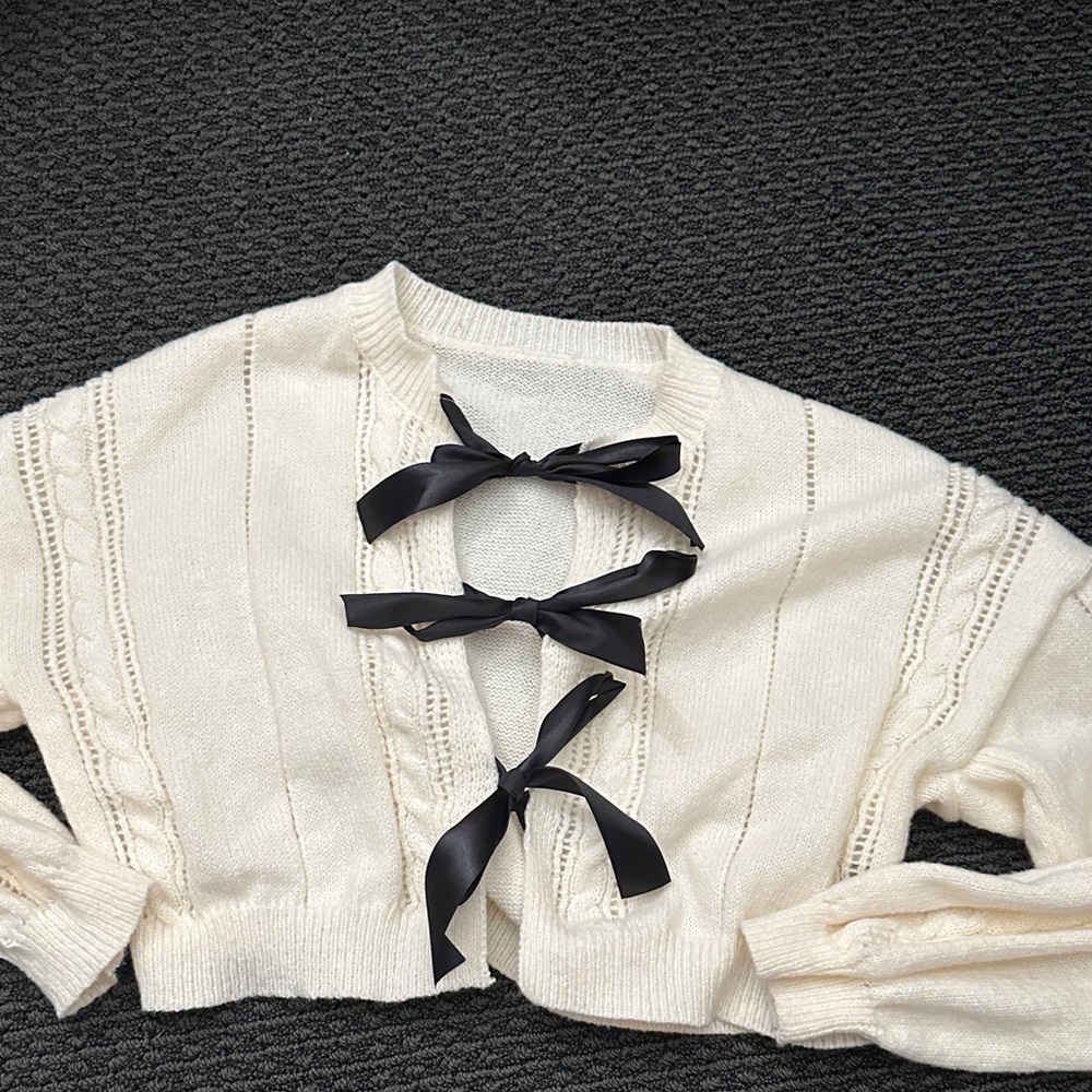 SHEIN Cream Cardigan with Black Bow Details